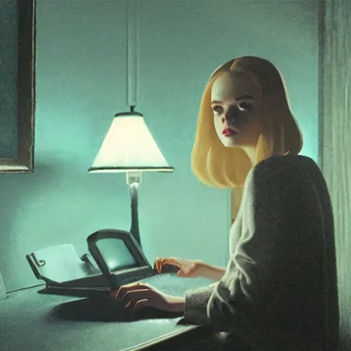 Image similar to Elle Fanning hacking a computer at night in the world of Edward Hopper, stormy snowy weather, dark room, extremely detailed masterpiece, oil on canvas, low-key neon lighting, artstation, Blade Runner 2049, Roger Deakin’s cinematography, by J. C. Leyendecker and Peter Paul Rubens,