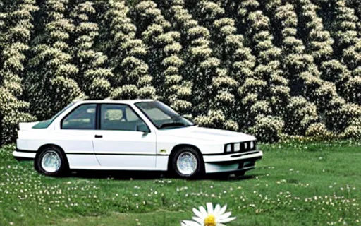 Prompt: a white bmw e30 parked in a flower field, wes anderson film
