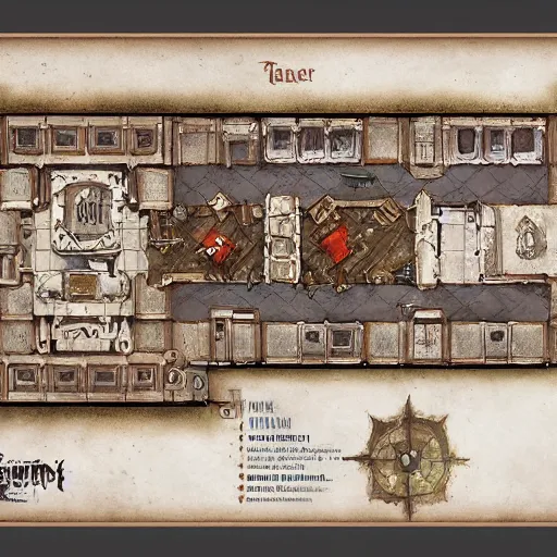 Prompt: handpainted floor plan map of a fantasy tavern, by greg rutkowski and james gurney, trending on artstation