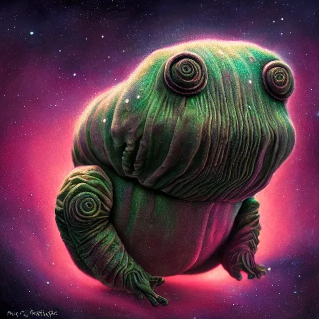 Image similar to a highly detailed tardigrade, it has a beautiful unconventional face, floating through deep space, elegant, hyperrealistic, digital painting, artstation, realism, concept art, pop, smooth, mythological, sharp focus, qualia, illustration, art by mark ryden 3 d 8 k ultra detailed