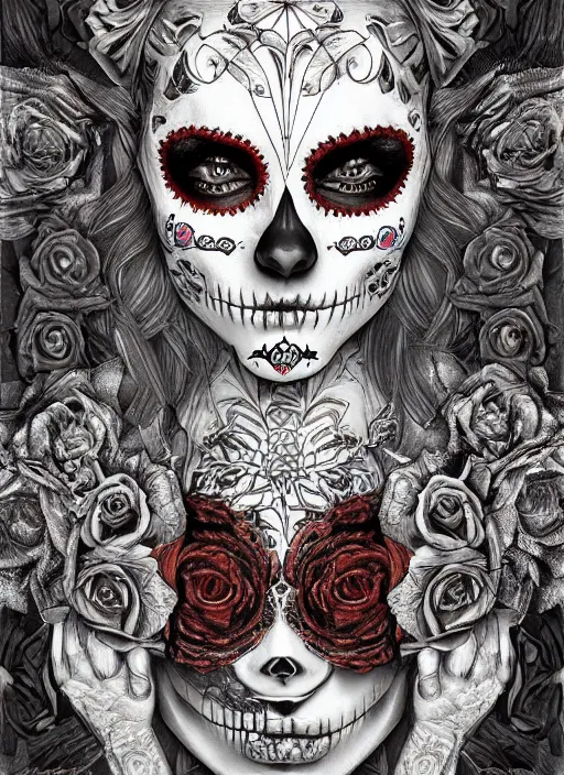 Image similar to portrait of a sugar skull creepy doll, obsidian eyes, intricate, highly detailed, smooth, digital illustration, the dark and quirky art of scott radke