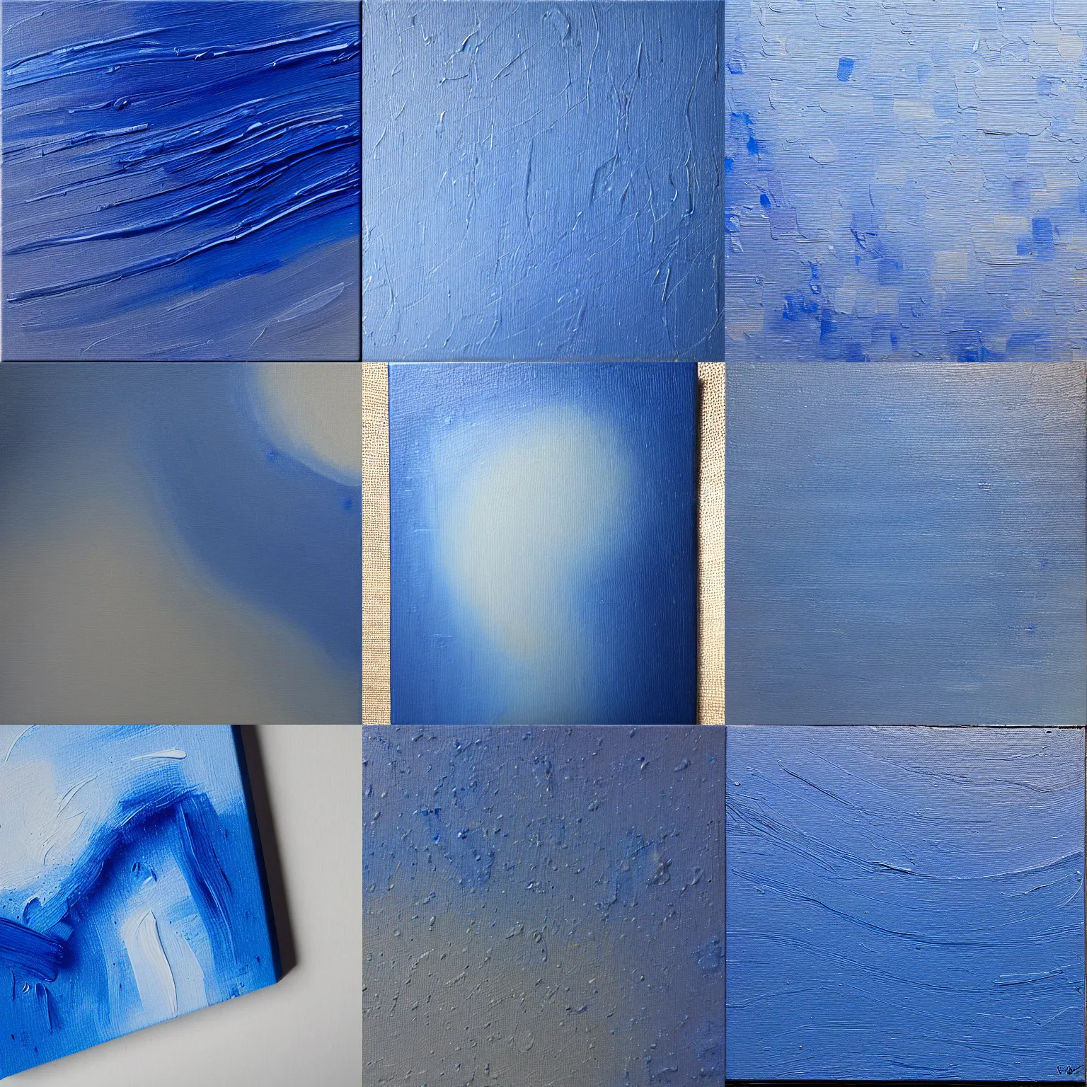 Prompt: thick impasto oil paint ultramarine on a canvas, gray canvas, product photography, professional photography, dslr, micro detail, realistic, realism, thick paint, textured canvas, cinematic lighting