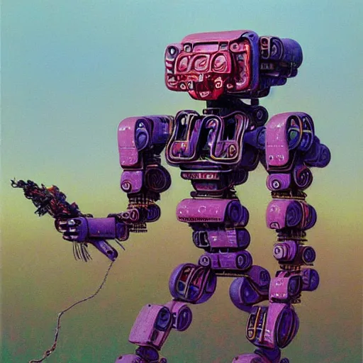 Image similar to portrait of a colourful tribal mecha robot, painting by zdzislaw beksinski,