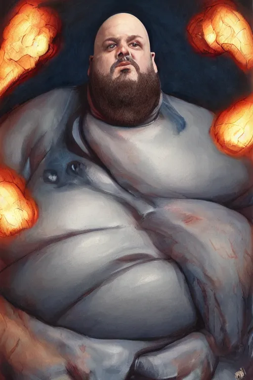 Image similar to chonky ethan van sciver with a bald head, grey trimmed beard, pointed nose, ethan van sciver, striking hyper real painting, comic book style portrait painting, greg rutkowski, wlop, charlie bowater