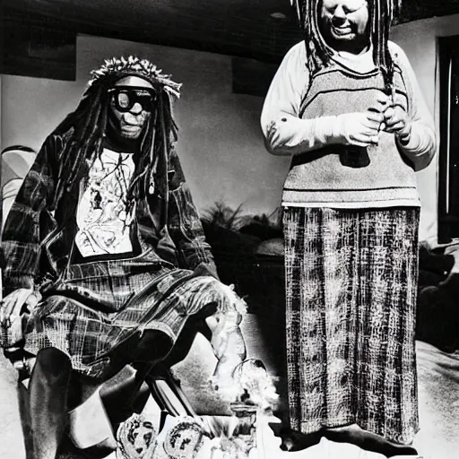 Prompt: Old fashioned grandma smoking marijuana, Rastafarian clothing, dreadlocks, drug rugs, raver