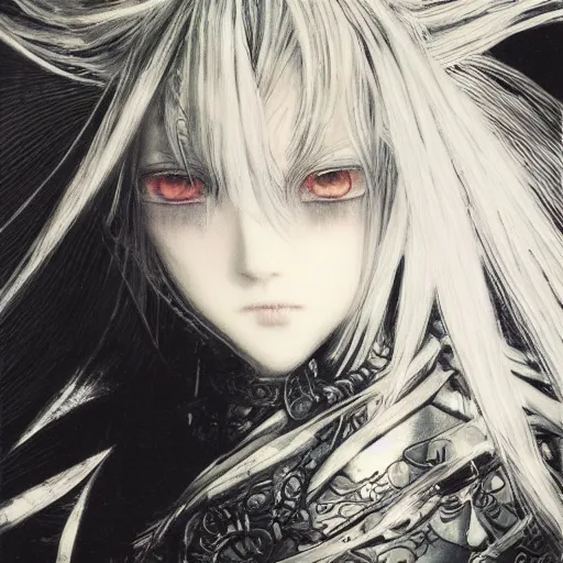 Image similar to yoshitaka amano blurred and dreamy illustration of an anime girl with black eyes, wavy white hair fluttering in the wind wearing elden ring armor and crown with engraving, abstract black and white patterns on the background, noisy film grain effect, highly detailed, renaissance oil painting, weird portrait angle, blurred lost edges, three quarter angle