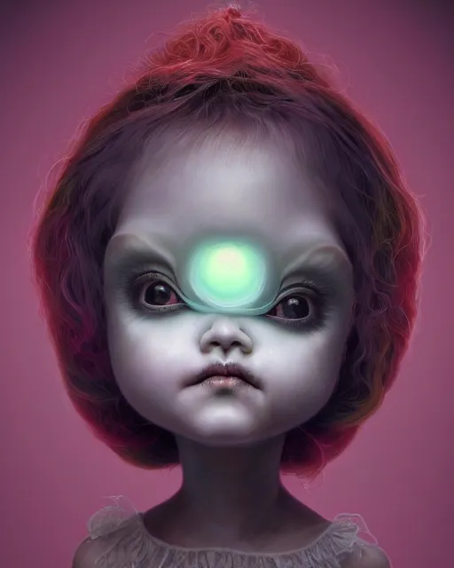 Image similar to one singular portrait of a cute bioluminescent creepy doll, highly detailed, digital painting, cinematic, hyper realism, dark retrowave, art by mark ryden and pixar and artgerm and magali villeneuve and alphonse mucha, artstation, octane render, cgsociety