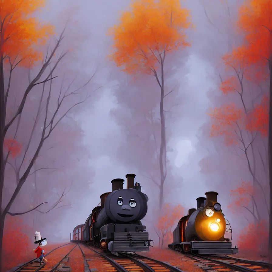 Image similar to Goro Fujita illustrating An antique steam train with a large white cloud coming out of the chimney travels through a beautiful autumn forest along the railroad tracks, art by Goro Fujita, concept art, sharp focus, ArtStation