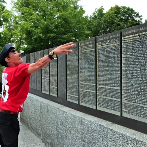 Prompt: mario doing the dab dance move at vietnam memorial