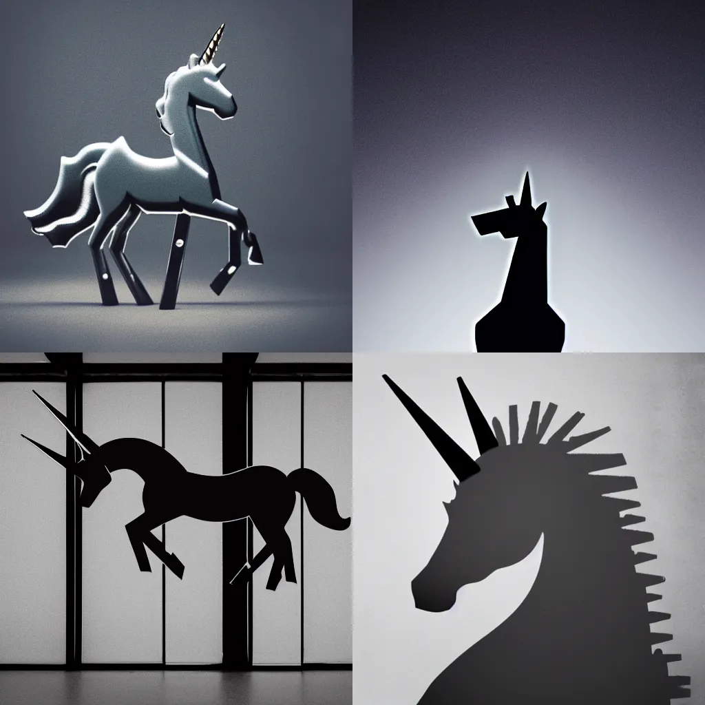 Prompt: Photo of a steel unicorn composed in a dark room