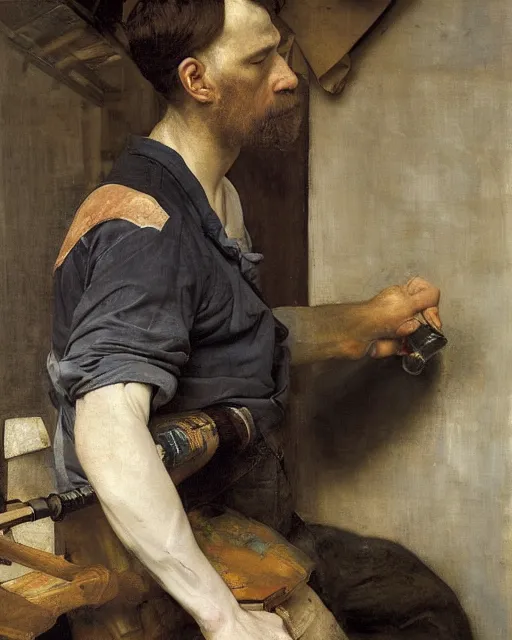 Image similar to an exhausted painter in his studio with a whiskey bottle by edgar maxence and caravaggio, intricate painting, hyper realistic, extremely detailed and beautiful aesthetic face, 8 k resolution