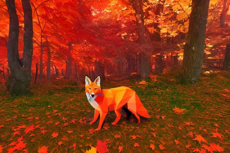 Prompt: super detailed color lowpoly art, red fox in an autumn maple forest, unreal engine, retrowave color palette, 3 d render, lowpoly, colorful, digital art, perspective