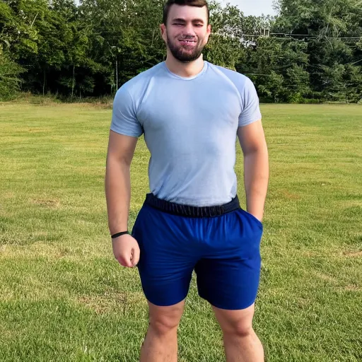 Image similar to full body photograph of 2 4 year old male, strong athletic build, 5 inch inseam shorts