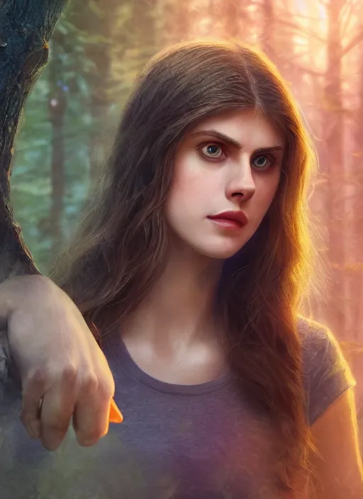 Prompt: portrait of Alexandra Daddario as Annabeth Chase, magical, forest, evening, yellow mist, Percy Jackson, symmetrical face, large eyes, pale, hyper realistic, digital art, octane render, trending on artstation, artstationHD, artstationHQ, unreal engine, 4k, 8k