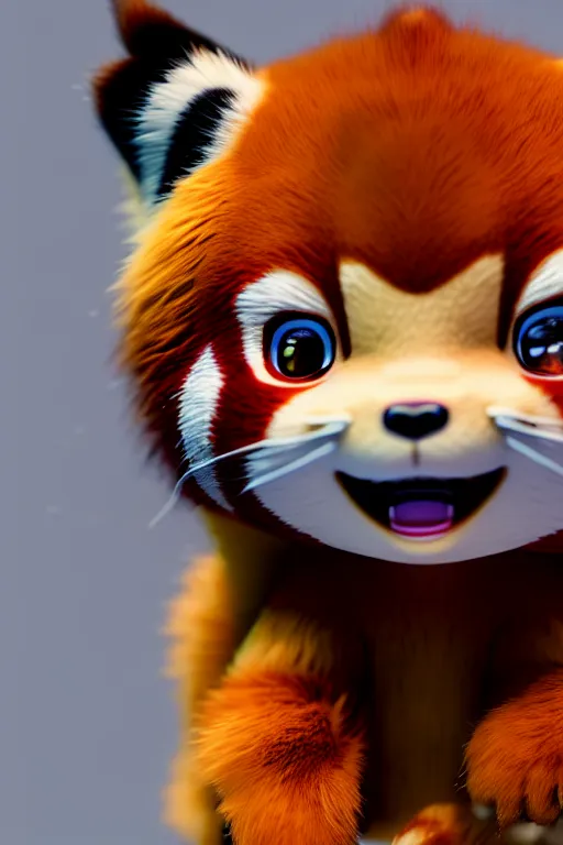 Image similar to high quality 3 d render close - up of very cute red panda & cat hybrid, vray, detective pikachu, very dramatic light, low angle uhd 8 k, shallow depth or field