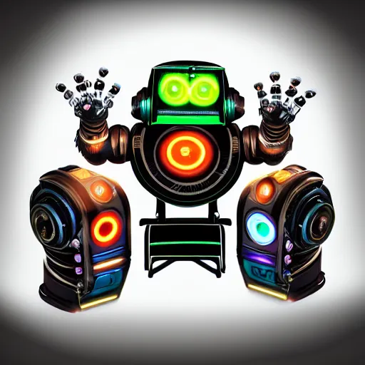 Image similar to album art for a trance dj, the album is called dj roborock, 3 steampunk robot heads with robot arms on a dj desk with a cd mixer, 8 k, fluorescent colors, halluzinogenic, multicolored, exaggerated detailed, front shot, 3 d render, octane