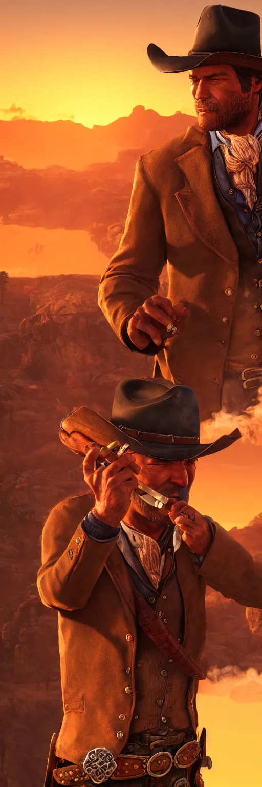 prompthunt: Arthur Morgan smoking a cigar, wild west background, sunset.  digital art. amazing quality. perfect lighting. Professional design. Great  composition. Mind blowing detail. award winning art. impressive colors.  trending on artstation.