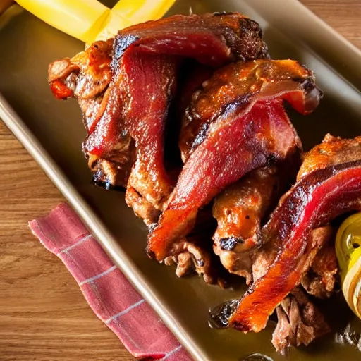 Prompt: delicious Kansas City style beef on chicken wings on weaved bacon, promotional product image