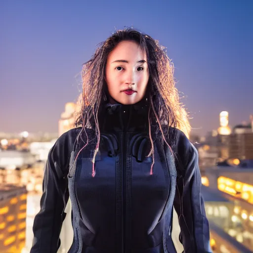 Image similar to photographic portrait of a techwear woman, closeup, on the rooftop of a futuristic city at night, sigma 85mm f/1.4, 4k, depth of field, high resolution, 4k, 8k, hd, full color