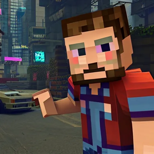 Image similar to Steve from Minecraft in Cyberpunk 2077