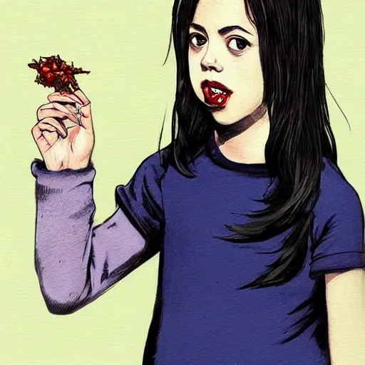 Prompt: young vampire aubrey plaza eating a clove of garlic, art by sam yang