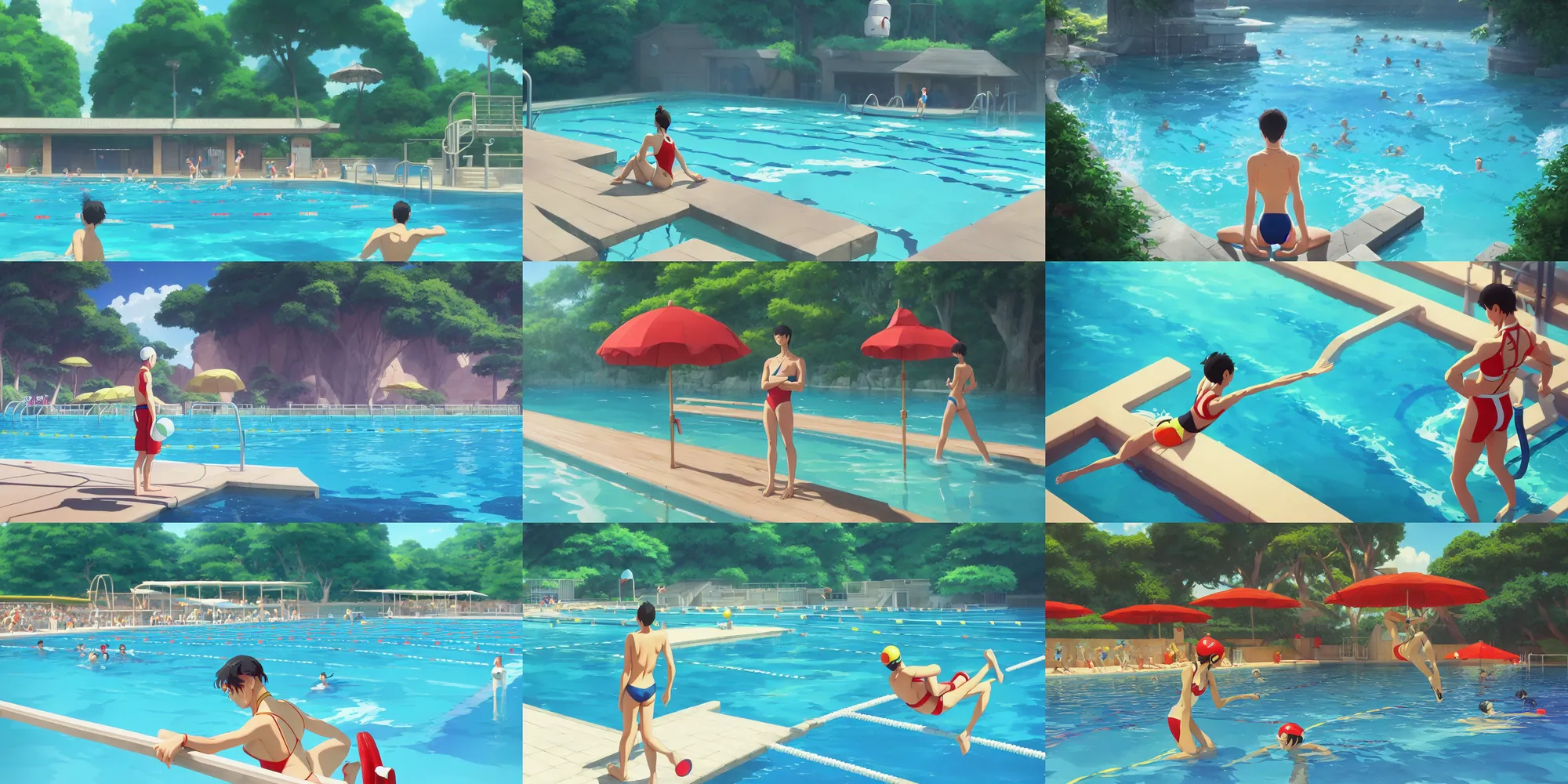 Prompt: a wholesome animation key shot of a focused life guard at an outdoor swimming pool, diving boards, floats, splashing, medium shot, waist up, studio ghibli and disney animation, sharp, rendered in unreal engine 5, anime key art by greg rutkowski, bloom, dramatic lighting, artstation, instagram