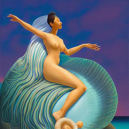 Prompt: lifelike by liu ye, by kadir nelson. the drawing of the moment when the goddess venus is born from the sea. she is shown standing on a giant clam shell, with her long, flowing hair blowing in the wind. the drawing is full of light & color, & venus looks like she is about to step into a beautiful, bright future.