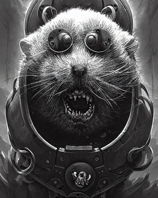 Image similar to wrecking ball the hamster from overwatch, character portrait, portrait, close up, concept art, intricate details, highly detailed, horror poster, horror, vintage horror art, realistic, terrifying, in the style of michael whelan, beksinski, and gustave dore