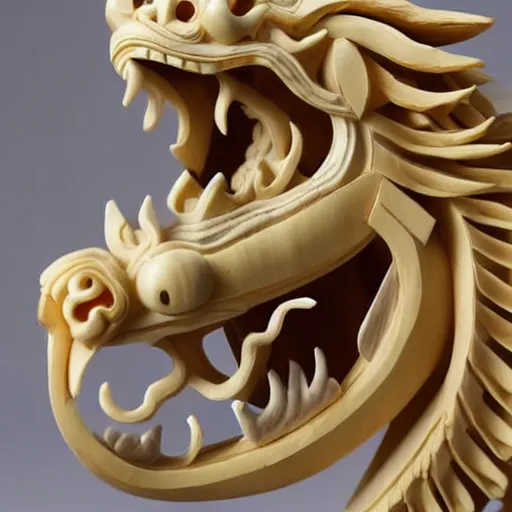 Image similar to an ivory carving sculpture of a chinese dragon winding around intricate wooden structures