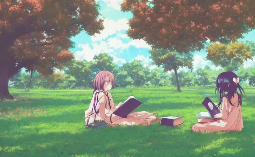 Image similar to An anime girl sitting under a tree, reading a book, anime lofi art