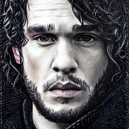 Image similar to kit harrington as lord comanderl of the nights watch, incredibly detailed oil painting, high octane, trending on artstation, incredible fineline, regal, fine art museum piece, drum scanner