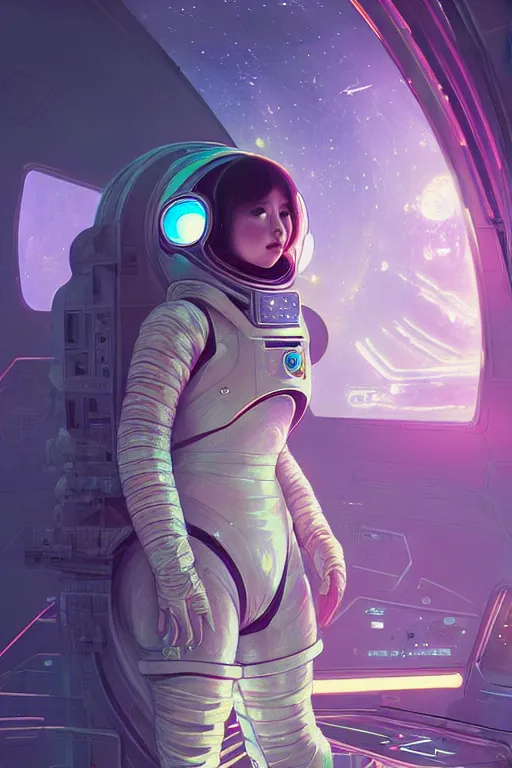 Image similar to portrait armored astronaut girl, inside spaceship command room viewing galaxy, ssci-fi neon light and fantasy, intricate and very very beautiful and elegant, highly detailed, digital painting, artstation, concept art, smooth and sharp focus, illustration, art by tian zi and WLOP and alphonse mucha