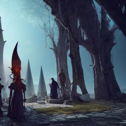 Prompt: witches and wizards standing around a big magical artifact in an abandoned ethereal elven city ,highly detailed, 4k, HDR, award-winning, artstation, octane render