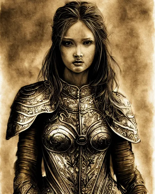 Prompt: ink wash painting portrait of woman in shining golden armor, high production value, intricate details, high resolution, hdr, high definition, masterpiece, realistic, ultrarealistic, highly detailed, hd, sharp focus, non blurry, sharp, smooth