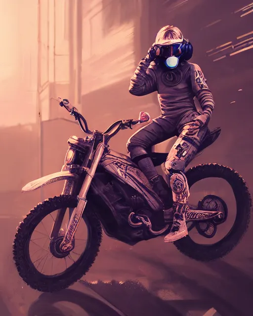 Prompt: girl wearing cyberpunk intricate streetwear riding dirt bike, respirator, detailed portrait, cell shaded, 4 k, concept art, by wlop, ilya kuvshinov, artgerm, krenz cushart, greg rutkowski, pixiv. cinematic dramatic atmosphere, sharp focus, volumetric lighting, cinematic lighting, studio quality