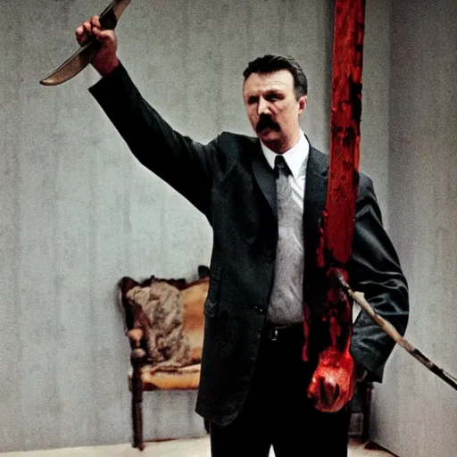 Prompt: Igor Ghirkin Strelkov as The American Psycho holding an axe, covered in blood, donning a raincoat, cinematic still