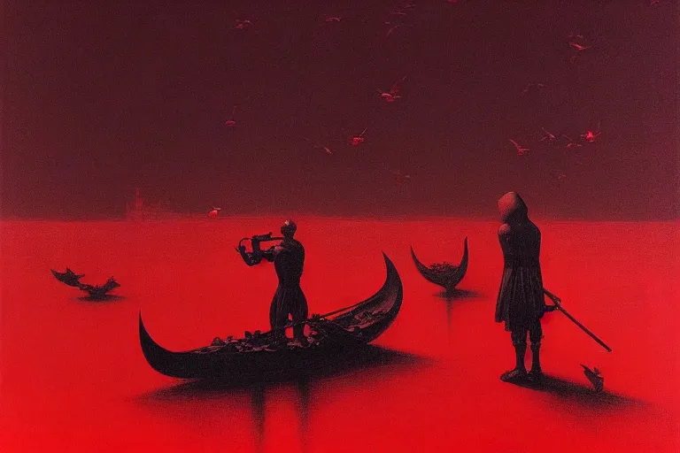 Image similar to only with red, a red dystopic knight, venice, flock of birds in the red sky, in the style of beksinski, parts by edward hopper, parts by rodcenko, parts by yue minjun, intricate and epic composition, red by caravaggio, insanely quality, highly detailed, masterpiece, red light, artstation, 4 k