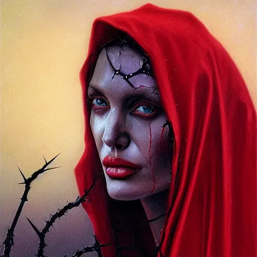 Image similar to portrait of Angelina Jolie with red glowing eyes in hood and crown of thorns, dark fantasy, Warhammer, artstation painted by Zdislav Beksinski and Wayne Barlowe