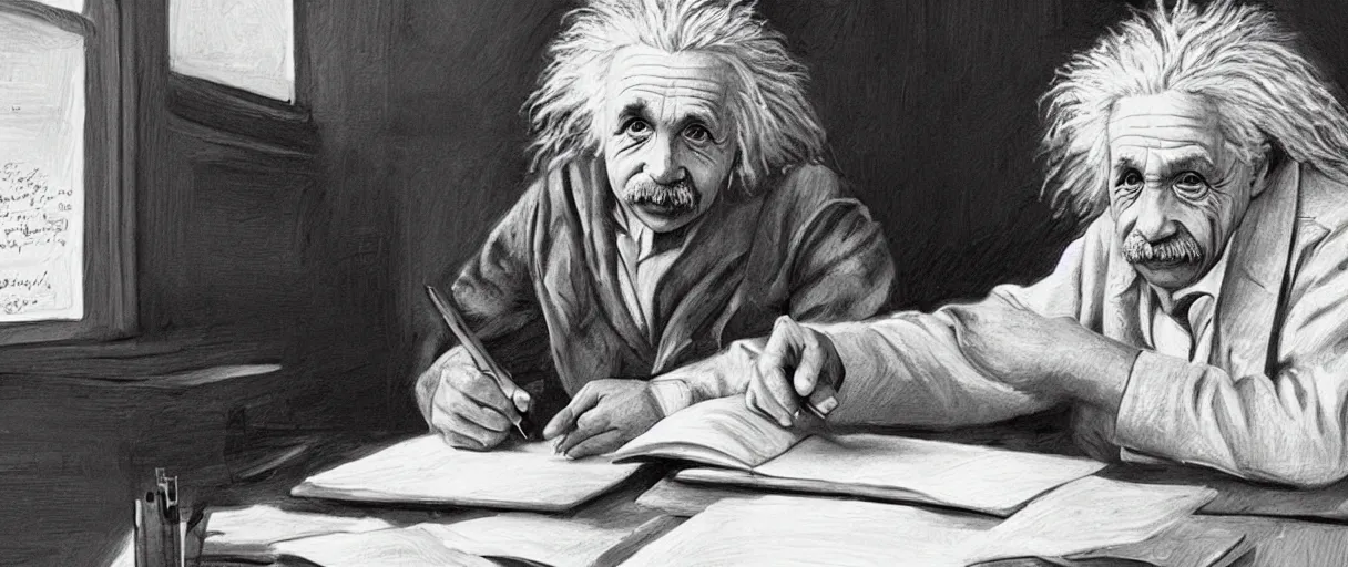 Image similar to “ a extremely detailed stunning portraits of einstein writing notes in laboratory by allen william on artstation ”