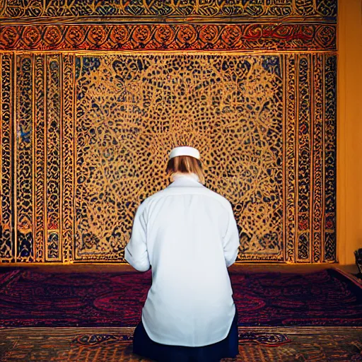 Image similar to Trump praying in mosque, award winning cinematic photography, 50 mm, blurred background, perfect faces