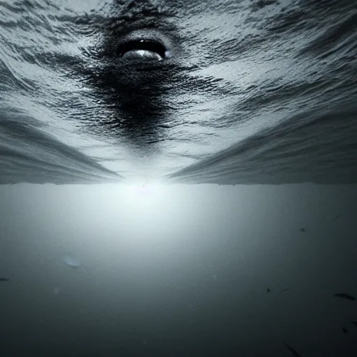 Prompt: thalassophobia in silent hill, black shadowy eyes looking up from the foggy water at camera, photo taken from row boat looking down, hyper realistic,