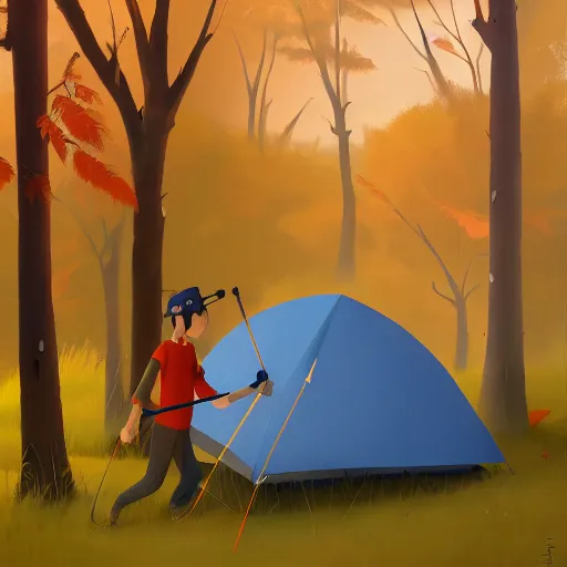 Prompt: goro fujita ilustration hiker setting up a tent in the forest, painting by goro fujita, sharp focus, highly detailed, artstation