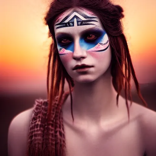 Image similar to photographic portrait of a stunningly beautiful renaissance female with tribal emo makeup in soft dreamy light at sunset, contemporary fashion shoot, by edward robert hughes, annie leibovitz and steve mccurry, david lazar, jimmy nelsson, breathtaking, 8 k resolution, extremely detailed, beautiful, establishing shot, artistic, hyperrealistic, beautiful face, octane render