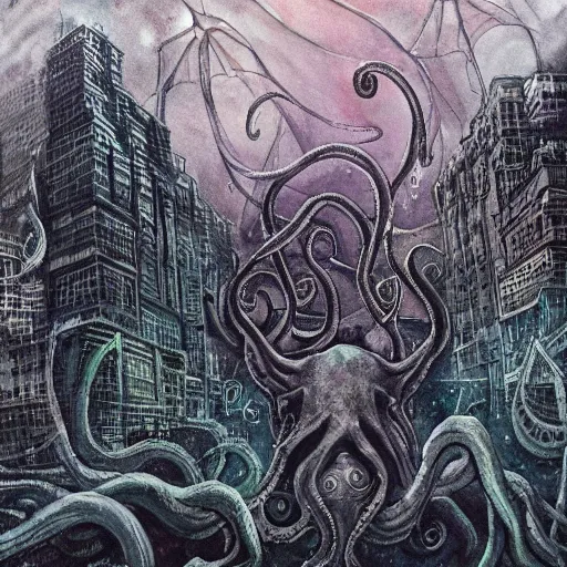 Prompt: man is seeing old god eldritch horror cthulhu terrifying the night sky of a modern city with tall buildings, he is coming from the ocean, epic scene, hyper detailed, gigantic cthulhu wallpaper, dark art, messy watercolor paint