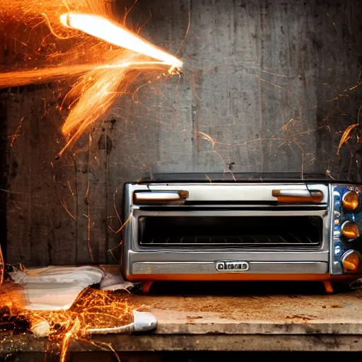 Image similar to toaster oven suspended by lots of metallic cables, symmetry, dark messy smoke - filled cluttered workshop, dark, dramatic lighting, orange tint, sparks, cinematic, highly detailed, sci - fi, futuristic, movie still