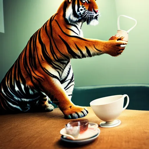 Image similar to a dramatic photograph of excited tiger enjoying tea , cinematic lighting