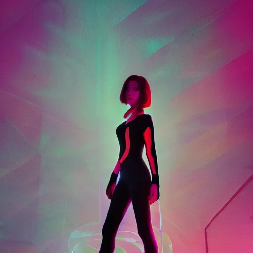 Image similar to long Shot of psychedelic Black widow standing in mysterious chromatic astral temple , stylish, lsd, soft, vsco, cinematic, artwork by WLOP