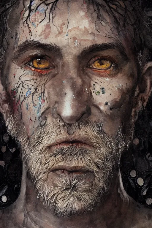 Prompt: portrait of hairy old man with aquarelle painted skin. close up. very dark black hair, large eyes. intricate dark flowers pattern on background, high detail, by Peter mohrbacher