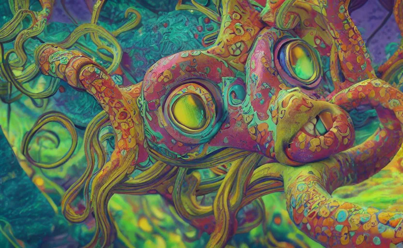 Image similar to squidward taking an acid trip, digital painting, octane render, psychedelic, intricate detail, highly detailed