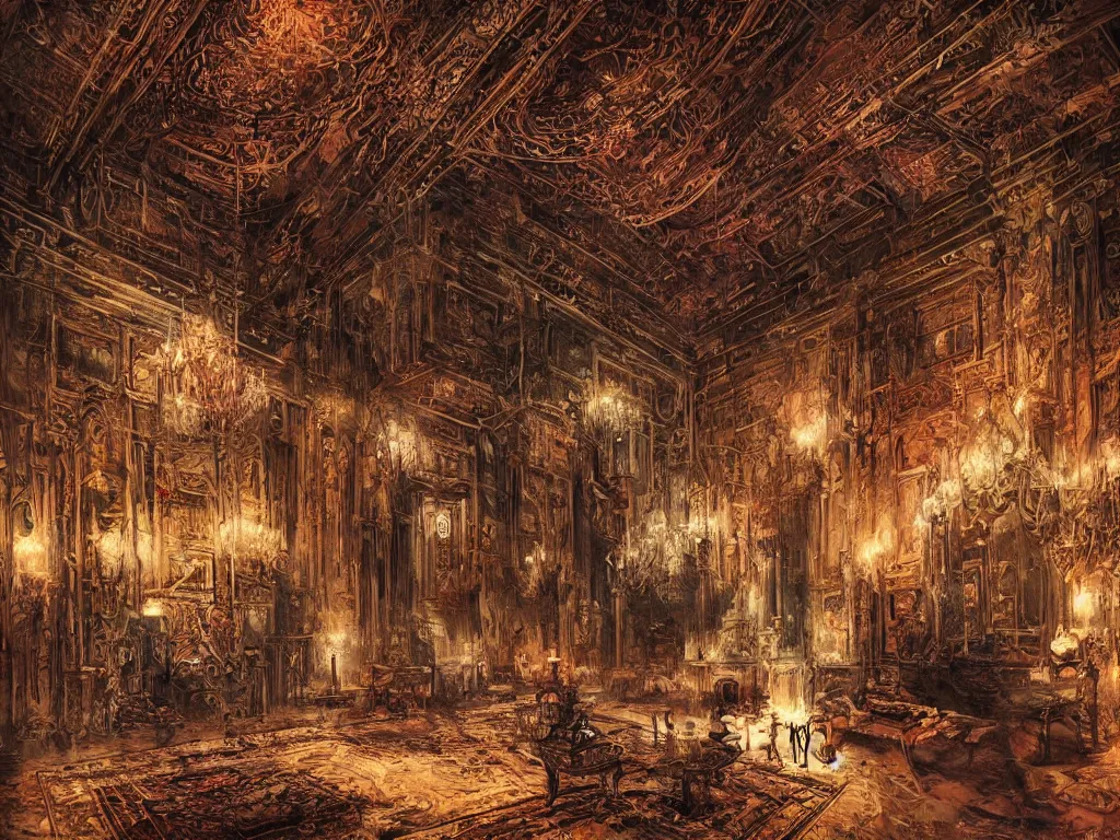 Prompt: A massive interior of a cosy palace, Carne Griffiths, cosy, relaxing, ultrawide angle, epic scale, dramatic lighting, epic composition